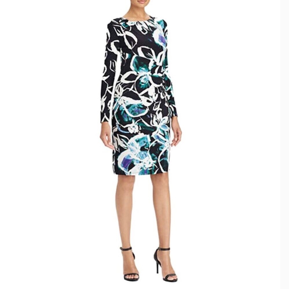 Ralph Lauren 8 LRL Stretchy Ruched Black Floral Long Sleeve Dress Knee Length - Picture 13 of 13